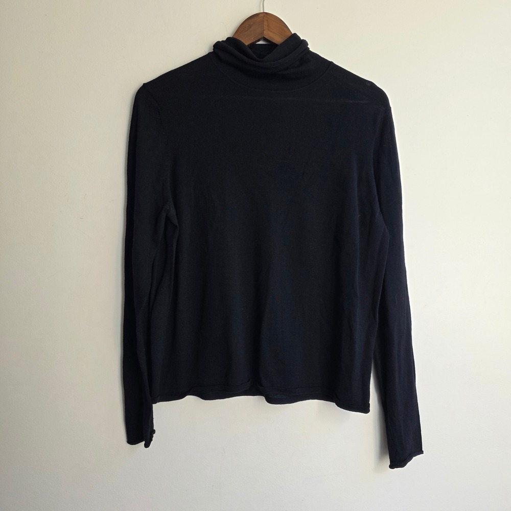 Eileen Fisher Black Semi Sheer Merino Wool Turtleneck Sweater Womens Large